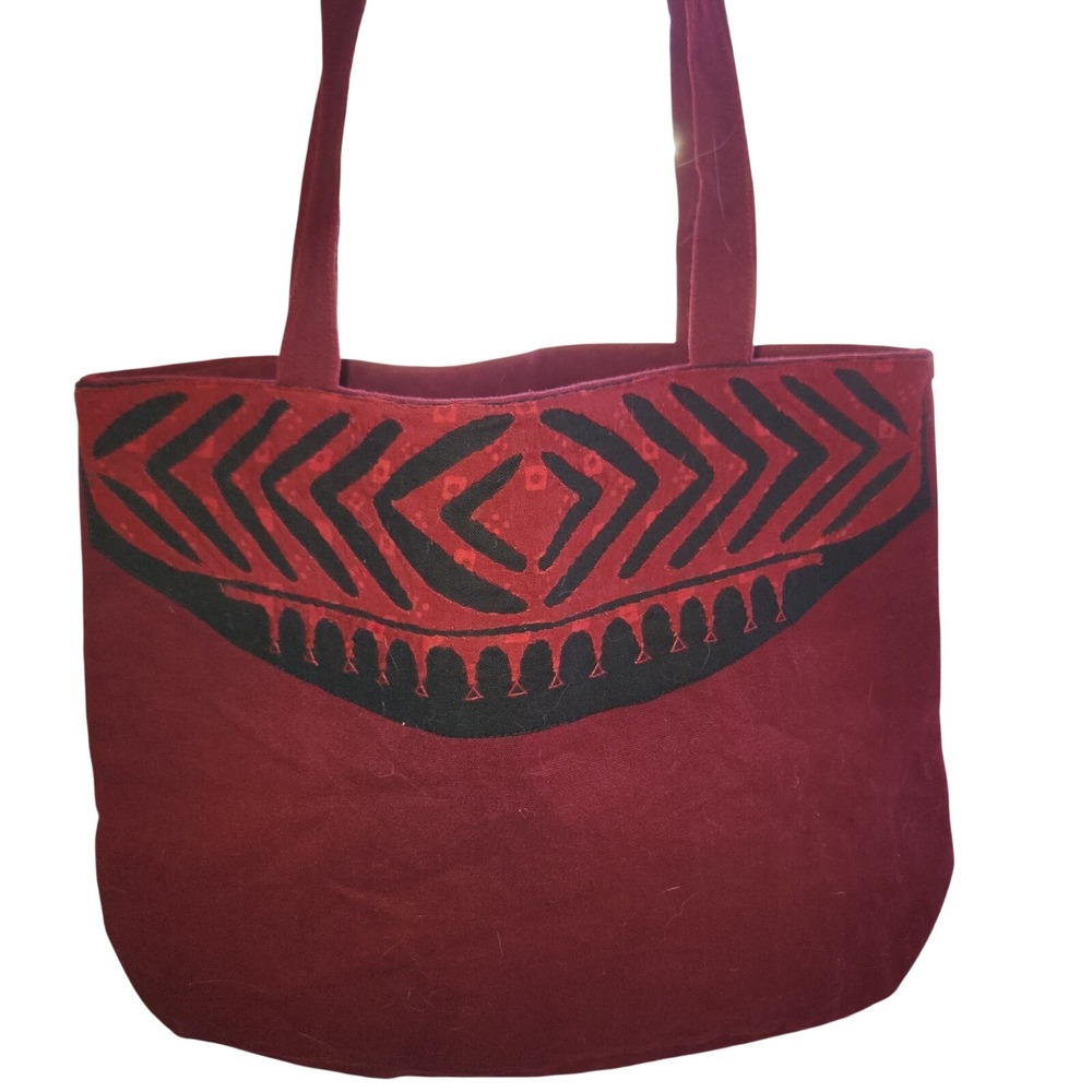 Handmade‎ Boho Tribal Tote Bag - Burgundy Appliqué Canvas Shoulder Bag - Ethnic